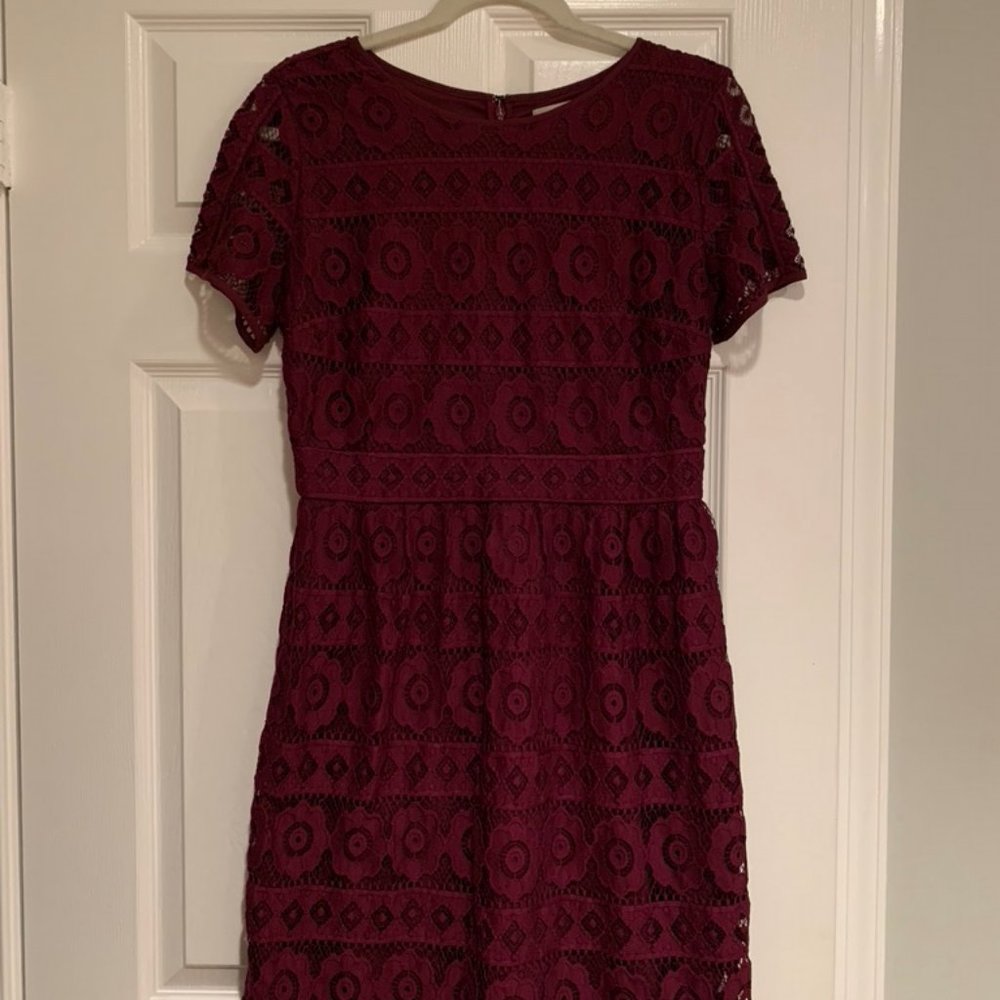 LOFT Maroon Lace Short-Sleeved Dress